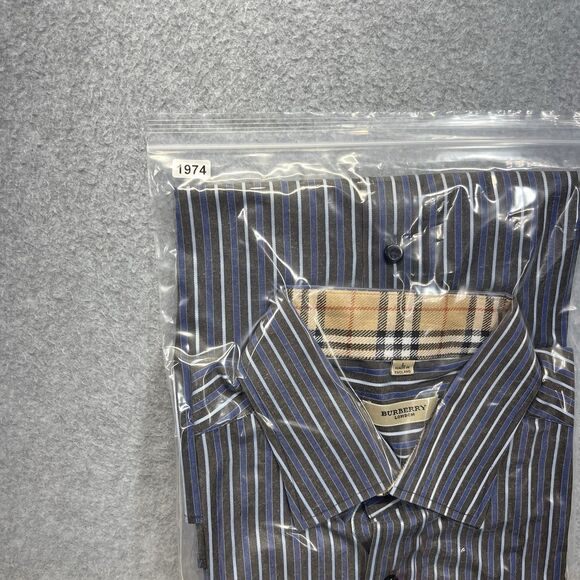 Burberry London Shirt Men’s Large Brown Blue Striped Button Up Made in England - Picture 14 of 14